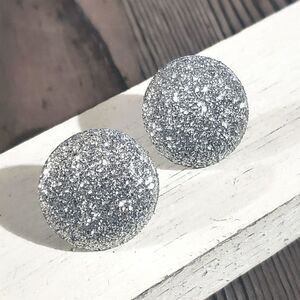 Retro 80s Club Glam Disco Sparkly Silver Fabric Button Earrings